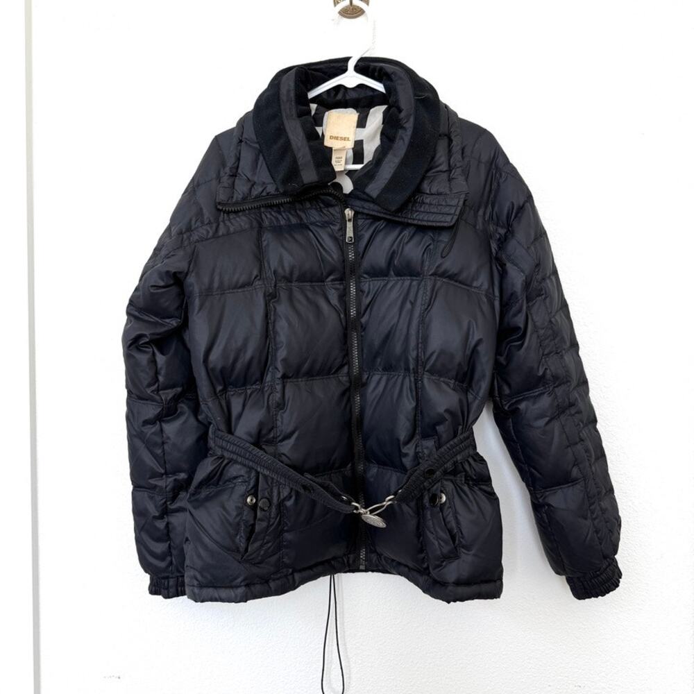 DIESEL Puffer Jacket Black Nylon Belted Moto Streetwear Size L Logo Liner Women